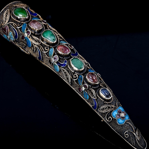 377 - An early 20th century Chinese silver filigree enamel and gem set nail guard, converted to brooch, le... 