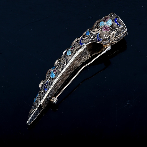 377 - An early 20th century Chinese silver filigree enamel and gem set nail guard, converted to brooch, le... 