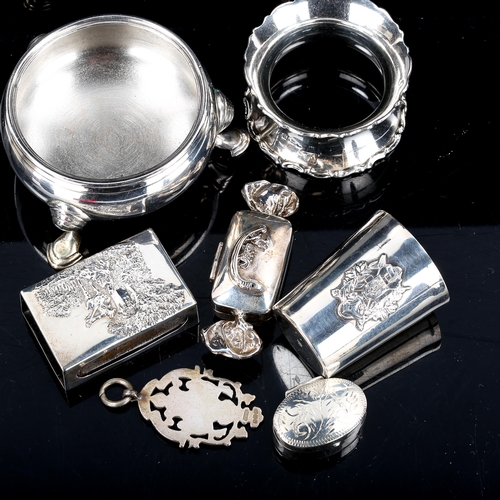 383 - Various silver, including Georgian salt cellar, novelty sweet pillbox, drinking tot, napkin ring etc... 