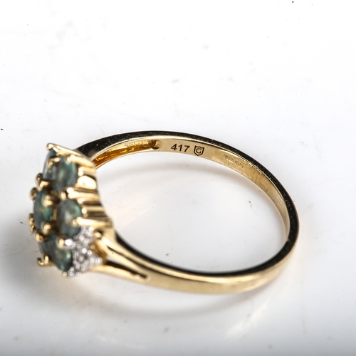 393 - A modern 9ct gold emerald and diamond cluster flowerhead dress ring, set with round-cut emerald and ... 