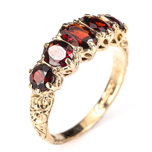 397 - A late 20th century 9ct gold graduated 5-stone garnet half hoop ring, set with oval and round-cut ga... 