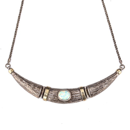 408 - A Vintage silver and synthetic opal organic necklace, gilded and textured bark design, necklace leng... 