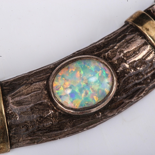 408 - A Vintage silver and synthetic opal organic necklace, gilded and textured bark design, necklace leng... 