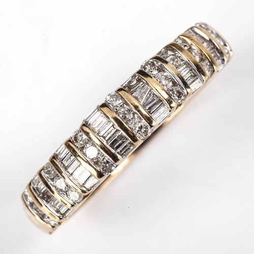 410 - A modern 9ct gold diamond cluster half hoop ring, set with baguette and modern round brilliant-cut d... 