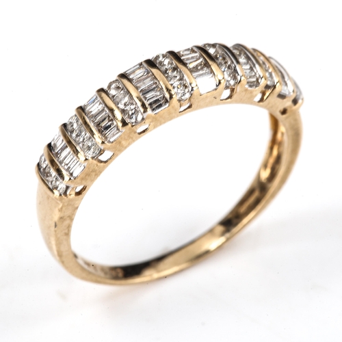 410 - A modern 9ct gold diamond cluster half hoop ring, set with baguette and modern round brilliant-cut d... 