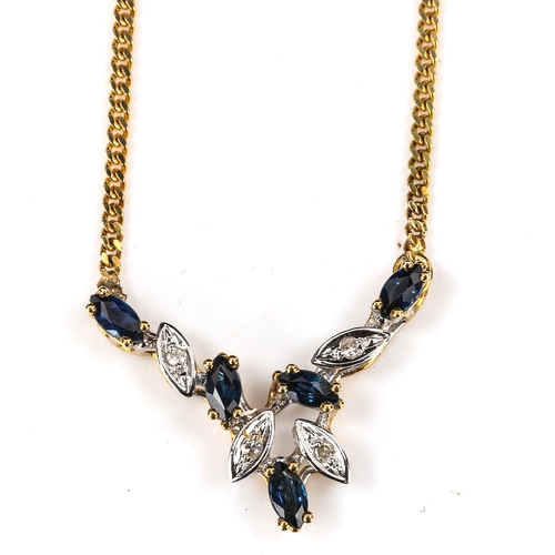 418 - A late 20th century 18ct gold sapphire and diamond pendant necklace, set with marquise cut sapphires... 