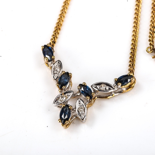 418 - A late 20th century 18ct gold sapphire and diamond pendant necklace, set with marquise cut sapphires... 