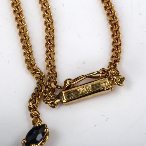 418 - A late 20th century 18ct gold sapphire and diamond pendant necklace, set with marquise cut sapphires... 