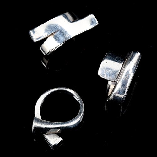 419 - 3 Vintage Danish stylised sterling silver crossover rings, makers include Niels Erik From, sizes K, ... 