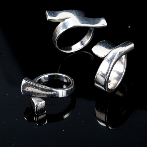 419 - 3 Vintage Danish stylised sterling silver crossover rings, makers include Niels Erik From, sizes K, ... 