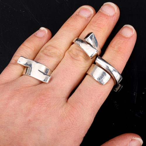 419 - 3 Vintage Danish stylised sterling silver crossover rings, makers include Niels Erik From, sizes K, ... 