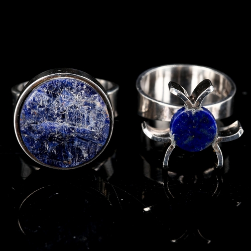 420 - 2 Vintage Danish stylised sterling silver lapis lazuli rings, makers include Carl Ove Frydensberg, s... 