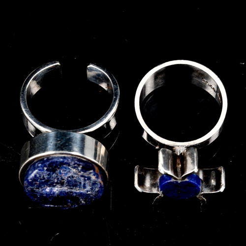 420 - 2 Vintage Danish stylised sterling silver lapis lazuli rings, makers include Carl Ove Frydensberg, s... 