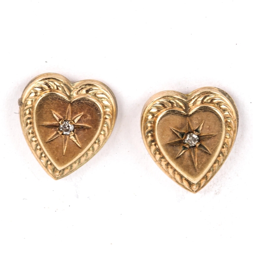 424 - A pair of Victorian diamond heart stud earrings, unmarked gold settings with single-cut diamonds, ea... 