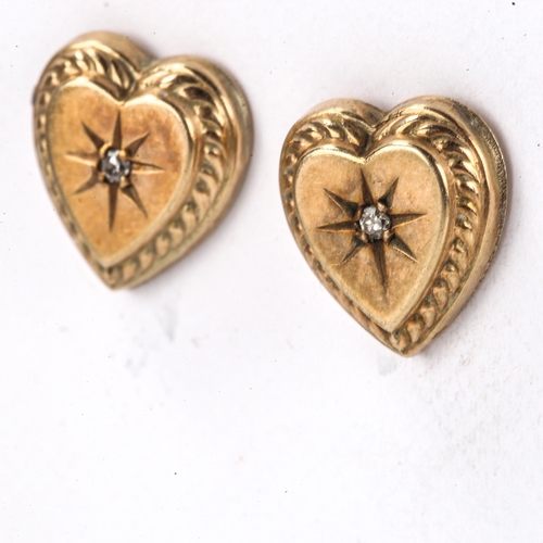 424 - A pair of Victorian diamond heart stud earrings, unmarked gold settings with single-cut diamonds, ea... 