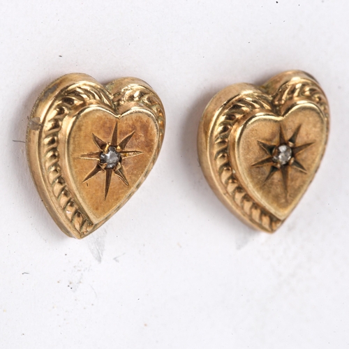 424 - A pair of Victorian diamond heart stud earrings, unmarked gold settings with single-cut diamonds, ea... 