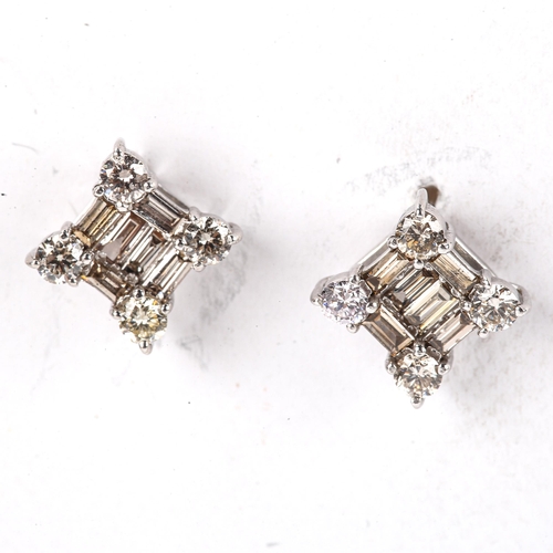 429 - A pair of modern 18ct white gold diamond square cluster stud earrings, set with baguette and modern ... 