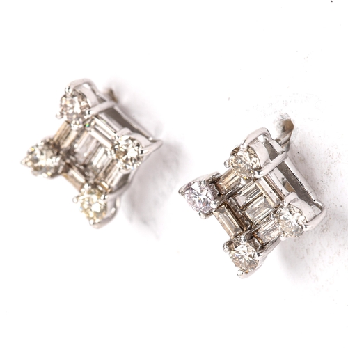 429 - A pair of modern 18ct white gold diamond square cluster stud earrings, set with baguette and modern ... 