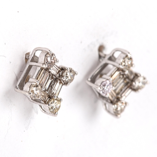 429 - A pair of modern 18ct white gold diamond square cluster stud earrings, set with baguette and modern ... 