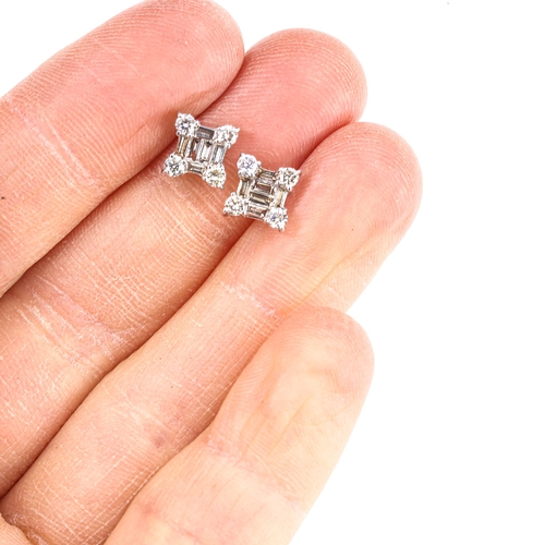 429 - A pair of modern 18ct white gold diamond square cluster stud earrings, set with baguette and modern ... 