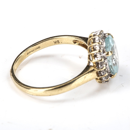 431 - A modern 9ct gold blue topaz and diamond oval cluster ring, set with oval mixed-cut topaz and modern... 