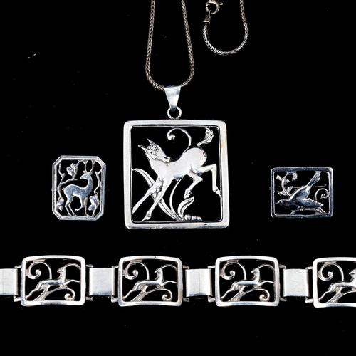 434 - Various Vintage Danish stylised silver figural animal jewellery, comprising pendant necklace, bracel... 