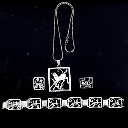 434 - Various Vintage Danish stylised silver figural animal jewellery, comprising pendant necklace, bracel... 