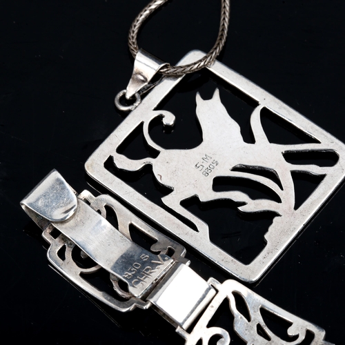 434 - Various Vintage Danish stylised silver figural animal jewellery, comprising pendant necklace, bracel... 