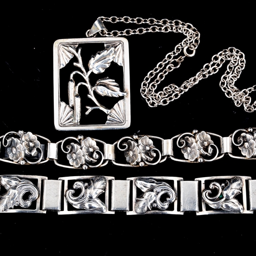 435 - 3 Vintage Danish stylised silver items of jewellery, comprising pendant necklace and 2 bracelets, ma... 