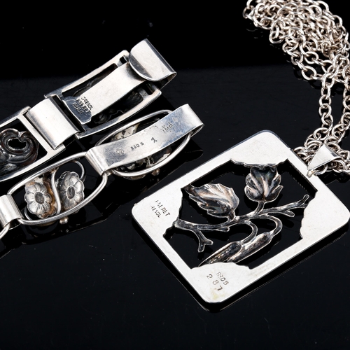 435 - 3 Vintage Danish stylised silver items of jewellery, comprising pendant necklace and 2 bracelets, ma... 