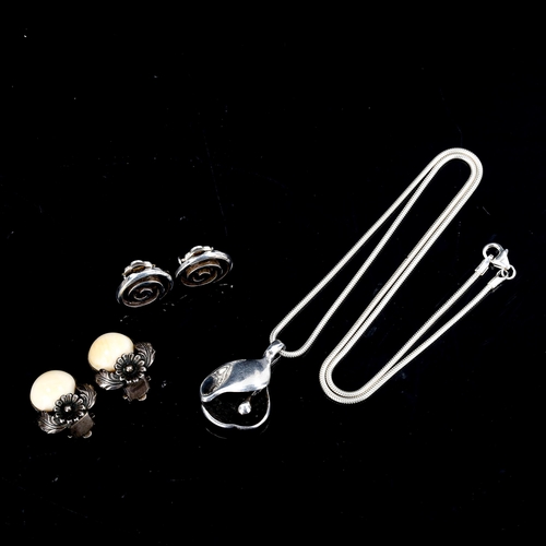 436 - Various Danish stylised silver jewellery, comprising pendant necklace and 2 pairs of clip-on earring... 