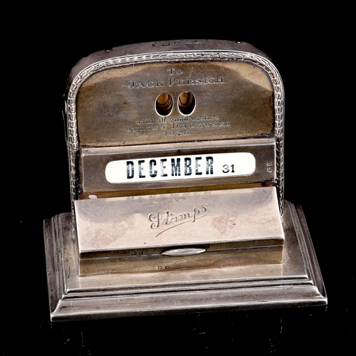 440 - A George V Art Deco silver combination desk calendar and triple stamp box, by Mappin & Webb, hallmar... 