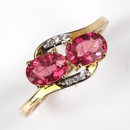 442 - A modern 9ct gold pink tourmaline and diamond crossover ring, set with oval mixed-cut tourmaline and... 