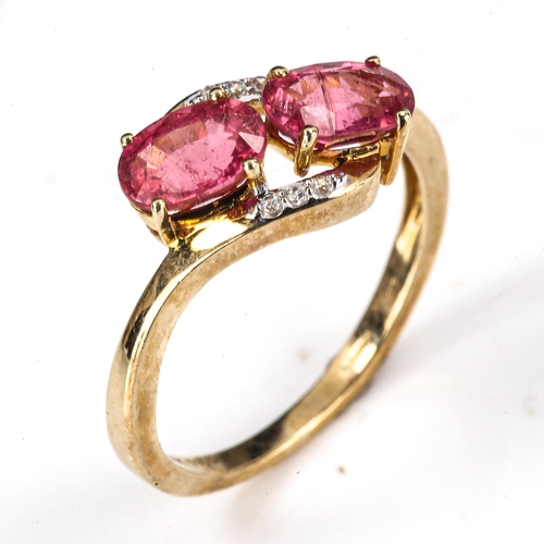 442 - A modern 9ct gold pink tourmaline and diamond crossover ring, set with oval mixed-cut tourmaline and... 