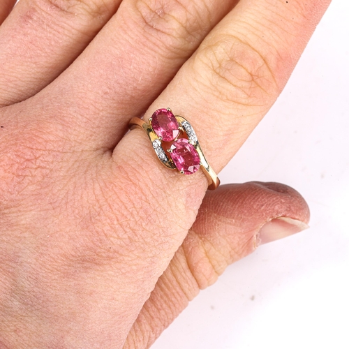 442 - A modern 9ct gold pink tourmaline and diamond crossover ring, set with oval mixed-cut tourmaline and... 