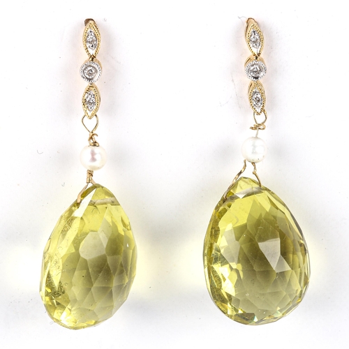 443 - A pair of modern lemon quartz pearl and diamond drop stud earrings, earring height 39.3mm, 7.9g