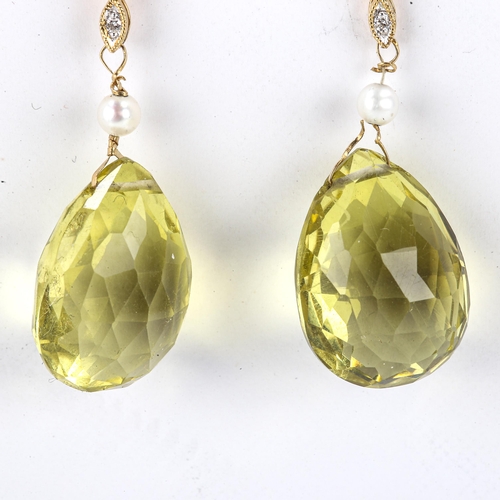 443 - A pair of modern lemon quartz pearl and diamond drop stud earrings, earring height 39.3mm, 7.9g