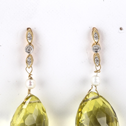 443 - A pair of modern lemon quartz pearl and diamond drop stud earrings, earring height 39.3mm, 7.9g