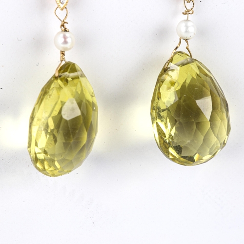 443 - A pair of modern lemon quartz pearl and diamond drop stud earrings, earring height 39.3mm, 7.9g