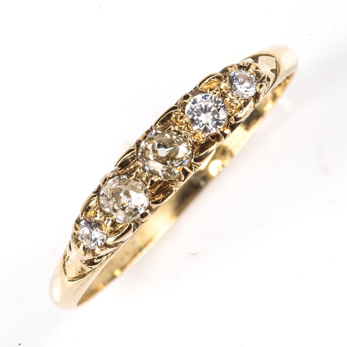 444 - An Antique 18ct gold graduated 5-stone diamond half hoop ring, set with old and modern round brillia... 