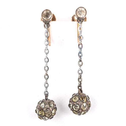 448 - A pair of Victorian unmarked silver and gold paste ball pendant earrings, with screw-back fittings, ... 