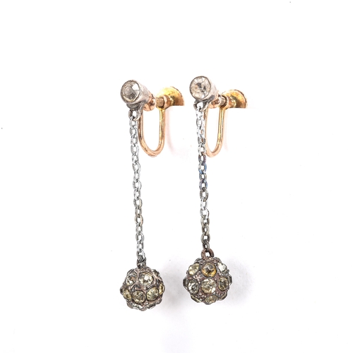 448 - A pair of Victorian unmarked silver and gold paste ball pendant earrings, with screw-back fittings, ... 