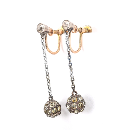 448 - A pair of Victorian unmarked silver and gold paste ball pendant earrings, with screw-back fittings, ... 