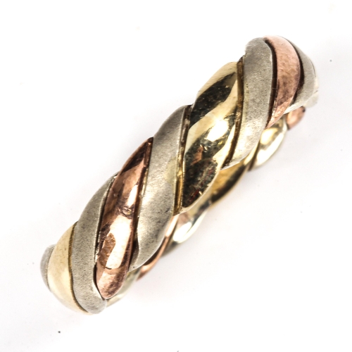 452 - A late 20th century 9ct 3-colour gold twist wedding band ring, band width 4.8mm, size M, 4g