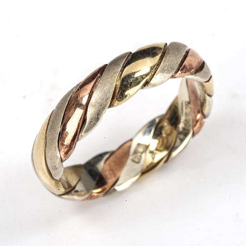 452 - A late 20th century 9ct 3-colour gold twist wedding band ring, band width 4.8mm, size M, 4g