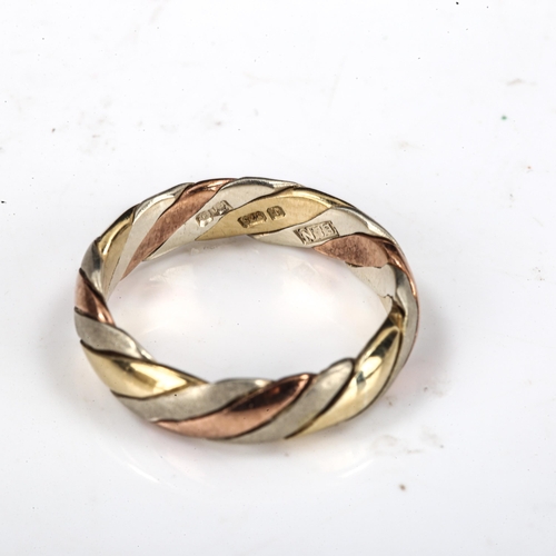 452 - A late 20th century 9ct 3-colour gold twist wedding band ring, band width 4.8mm, size M, 4g