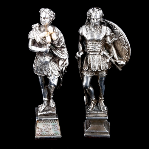 454 - 2 heavy cast-silver desk statues, hallmarks Chester 1897 and London 1913, largest height 12cm, 13.6o... 