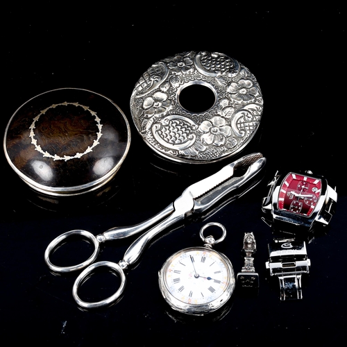 456 - Various silver and miscellaneous items, including Swiss fob watch, Briel chronograph wristwatch head... 