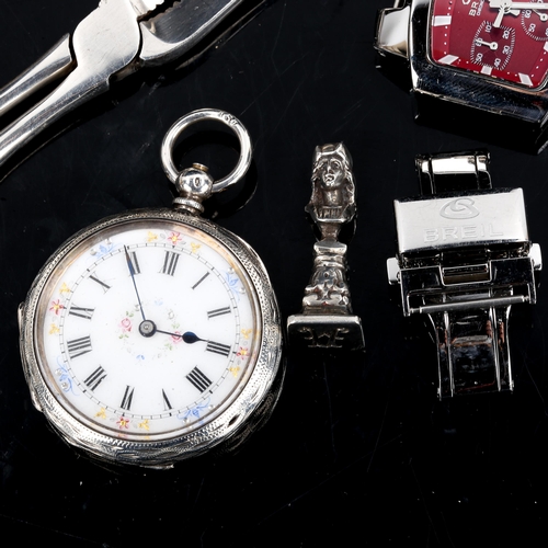 456 - Various silver and miscellaneous items, including Swiss fob watch, Briel chronograph wristwatch head... 