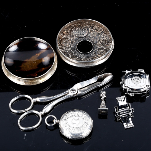 456 - Various silver and miscellaneous items, including Swiss fob watch, Briel chronograph wristwatch head... 